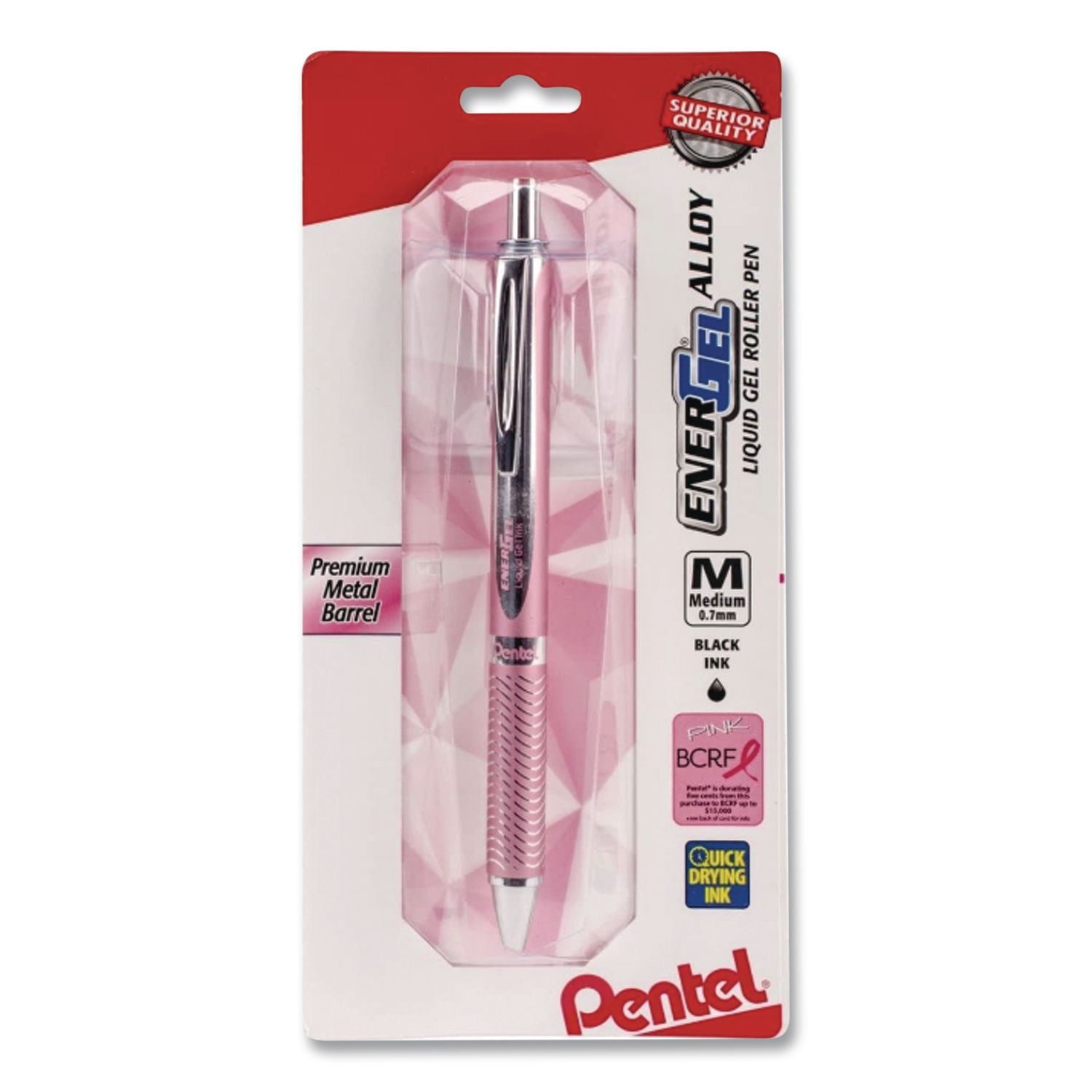 EnerGel Alloy RT Gel Pen, Retractable, Medium 0.7 mm, Black Ink, Pink Barrel