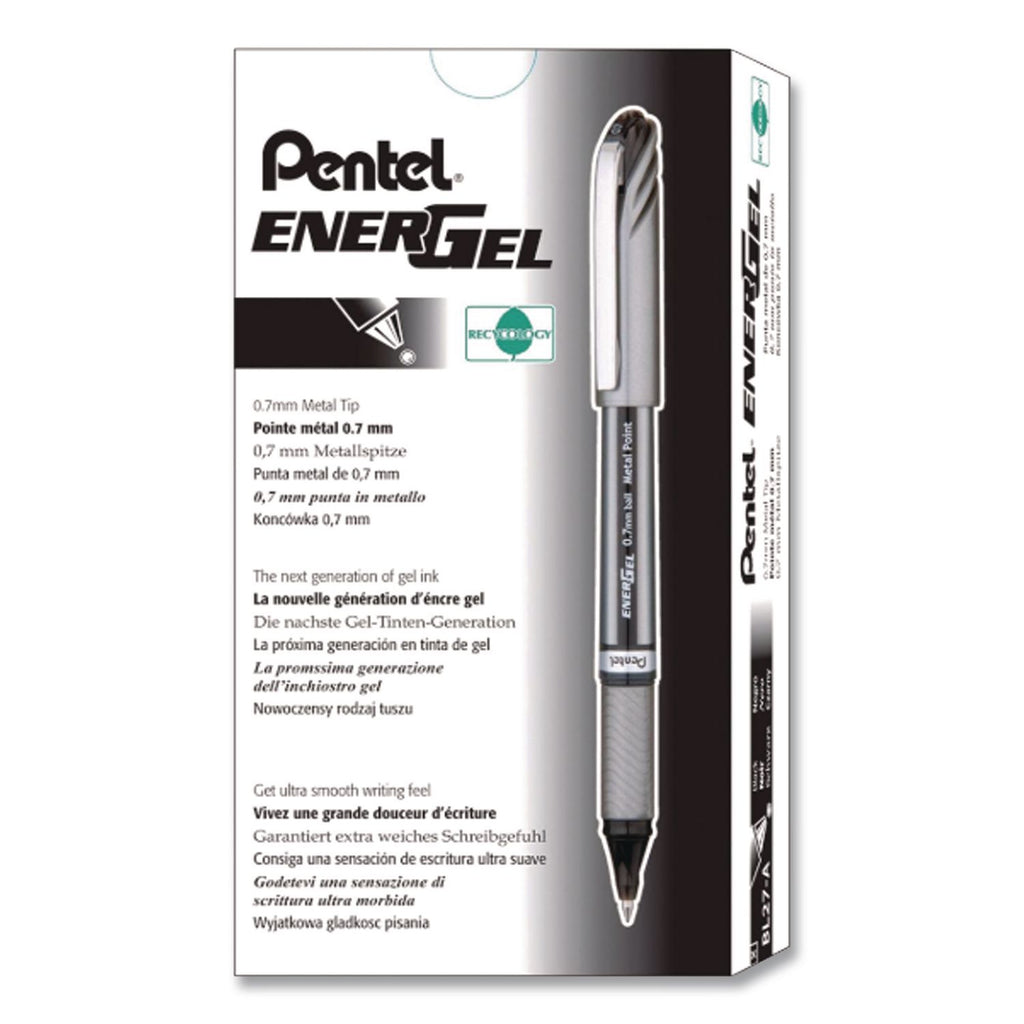EnerGel NV Gel Pen, Stick, Medium 0.7 mm, Black Ink, Gray/Black Barrel, Dozen
