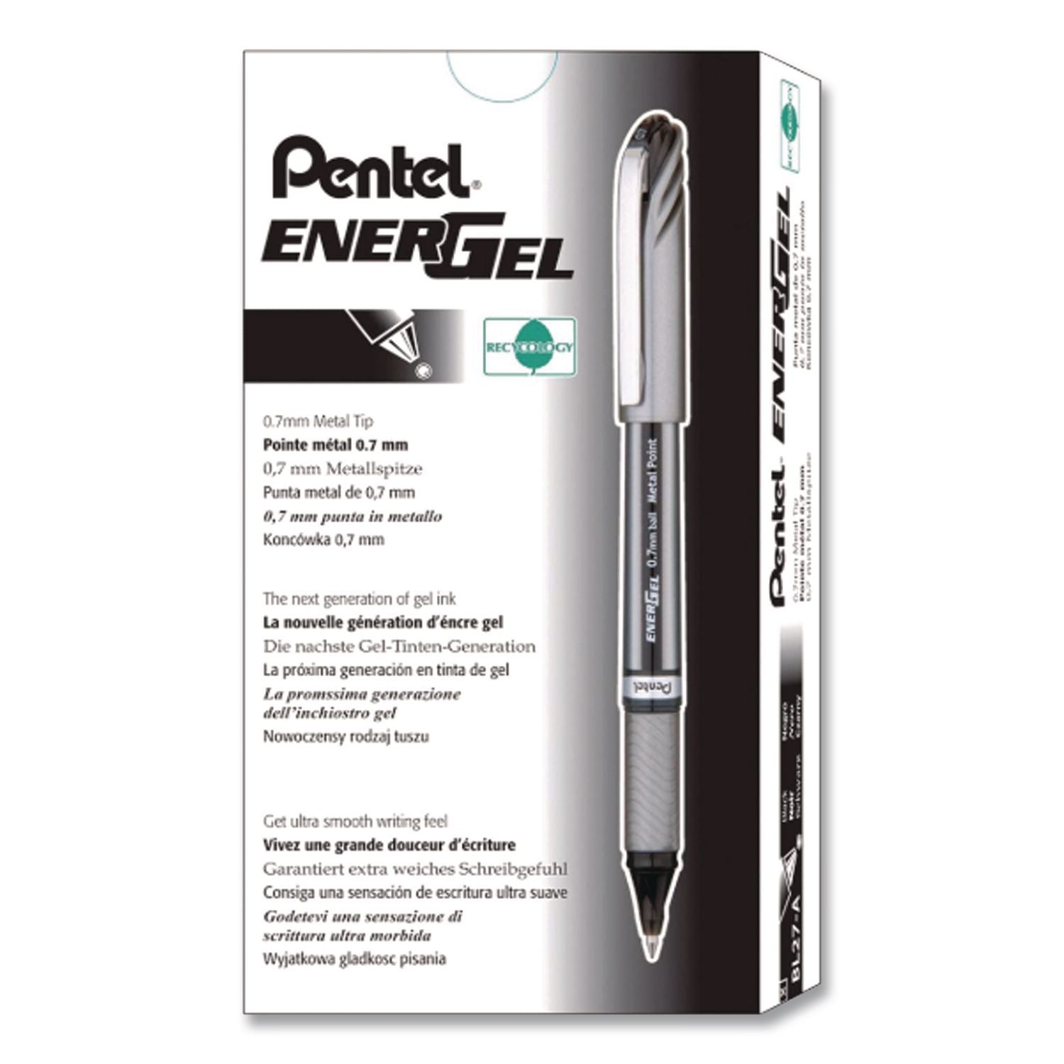 EnerGel NV Gel Pen, Stick, Medium 0.7 mm, Black Ink, Gray/Black Barrel, Dozen