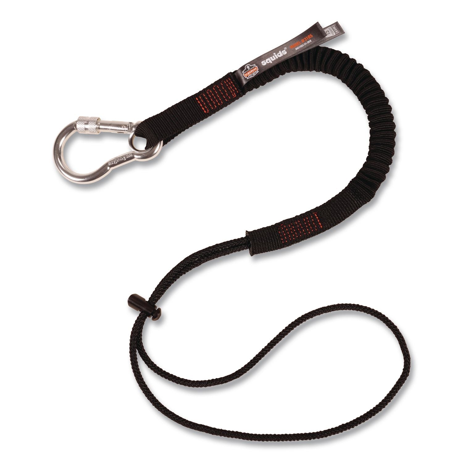 Squids 3105 Tool Lanyard w/Aluminum Carabiner+Cinch-Loop, 15lb Max Work Cap, 32" to 48", BK,100/PK,Ships in 1-3 Business Days