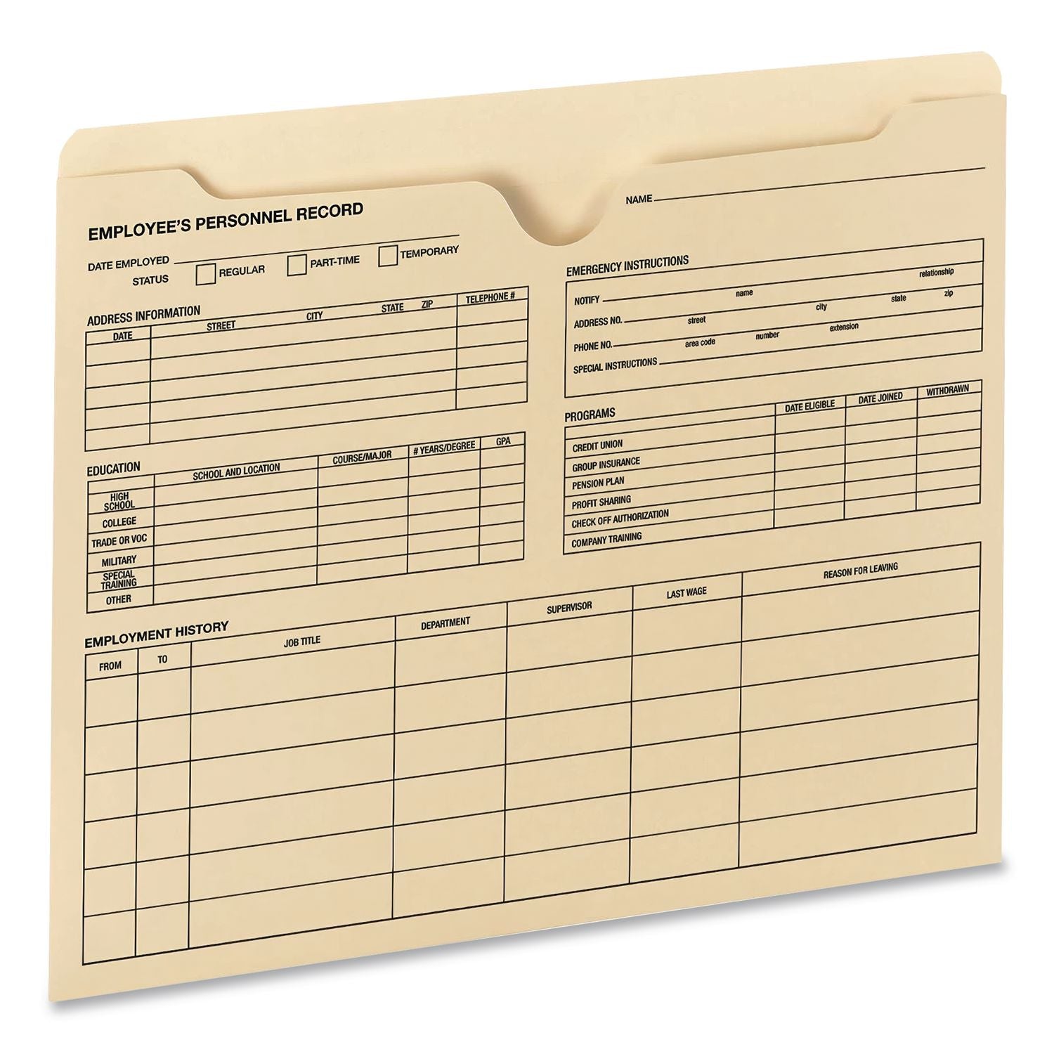 Employee Record Jacket, Straight Tab, Letter Size, Manila, 100/Box