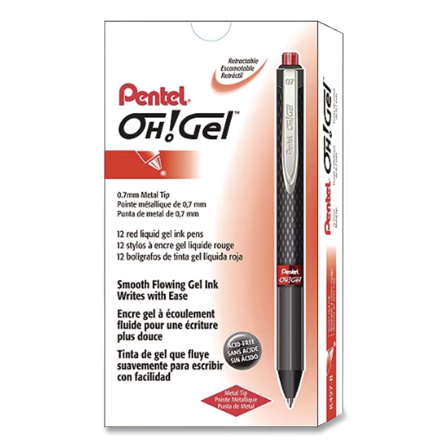 Oh! Gel Pen, Retractable, Medium 0.7 mm, Red Ink, Black Barrel, Dozen