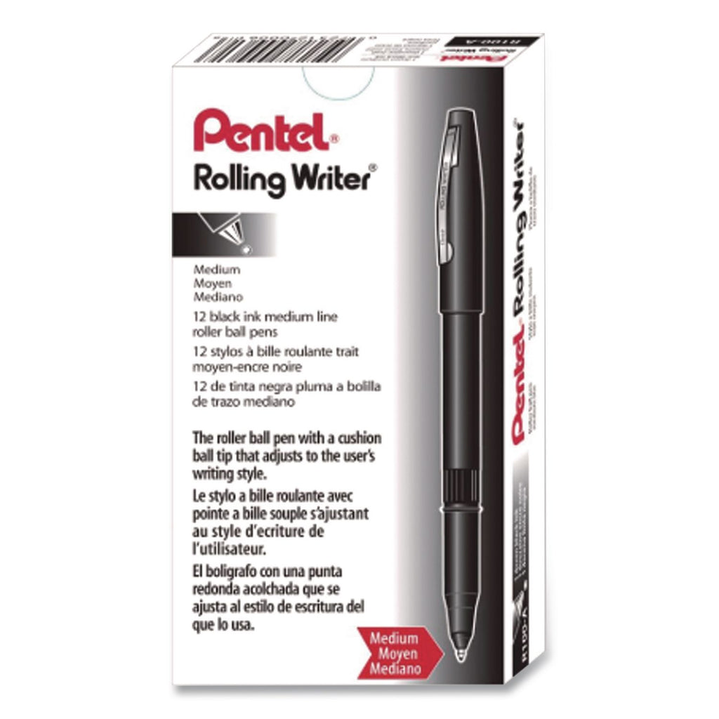 Rolling Writer Roller Ball Pen, Stick, Medium 0.8 mm, Black Ink, Black Barrel, Dozen