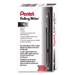 Rolling Writer Roller Ball Pen, Stick, Medium 0.8 mm, Black Ink, Black Barrel, Dozen