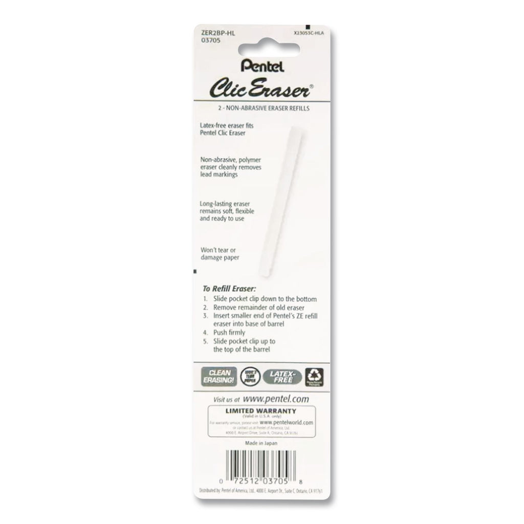 Clic Eraser Refills for Pentel Clic Erasers, Cylindrical Rod, White, 2/Pack