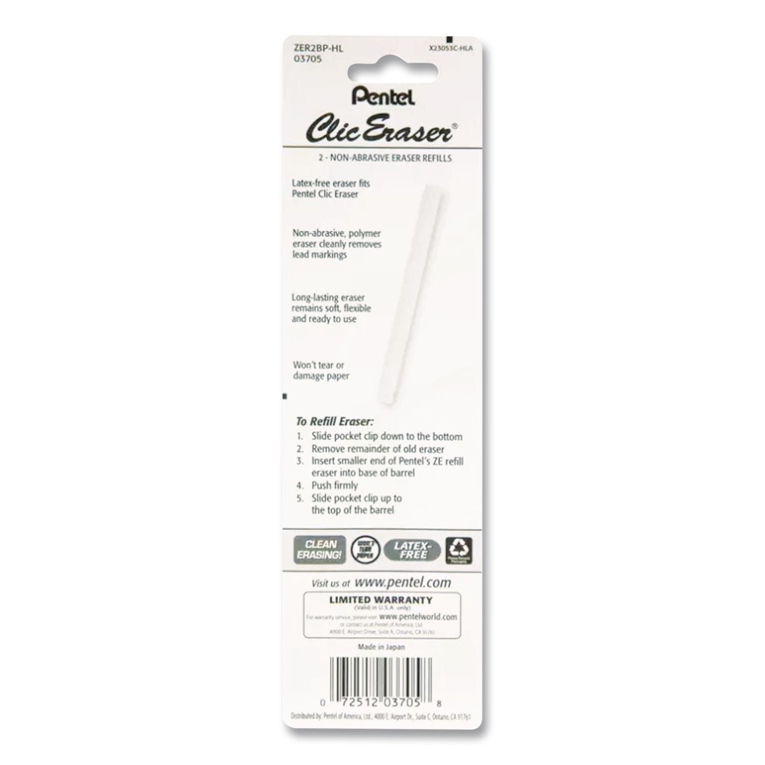 Clic Eraser Refills for Pentel Clic Erasers, Cylindrical Rod, White, 2/Pack
