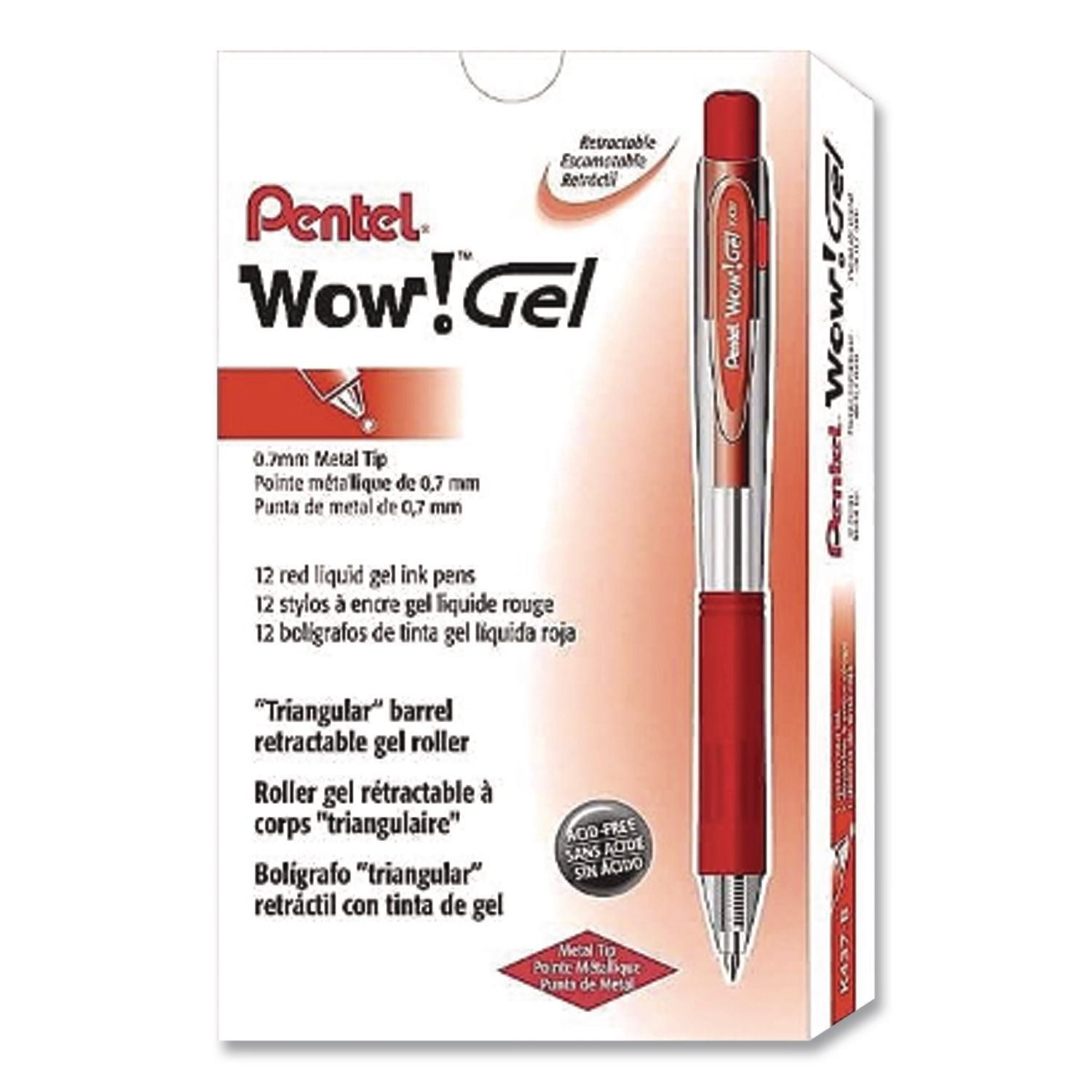 WOW! Gel Pen, Retractable, Medium 0.7 mm, Red Ink, Clear/Red Barrel, Dozen
