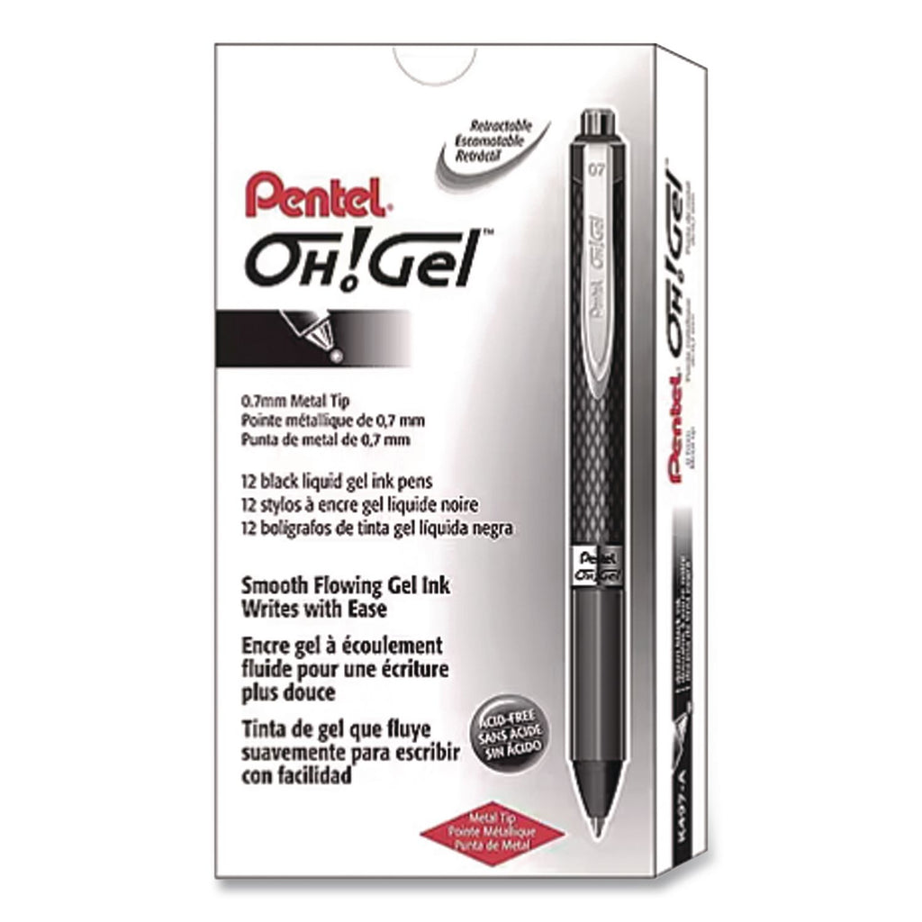 Oh! Gel Pen, Retractable, Medium 0.7 mm, Black Ink, Black Barrel, Dozen