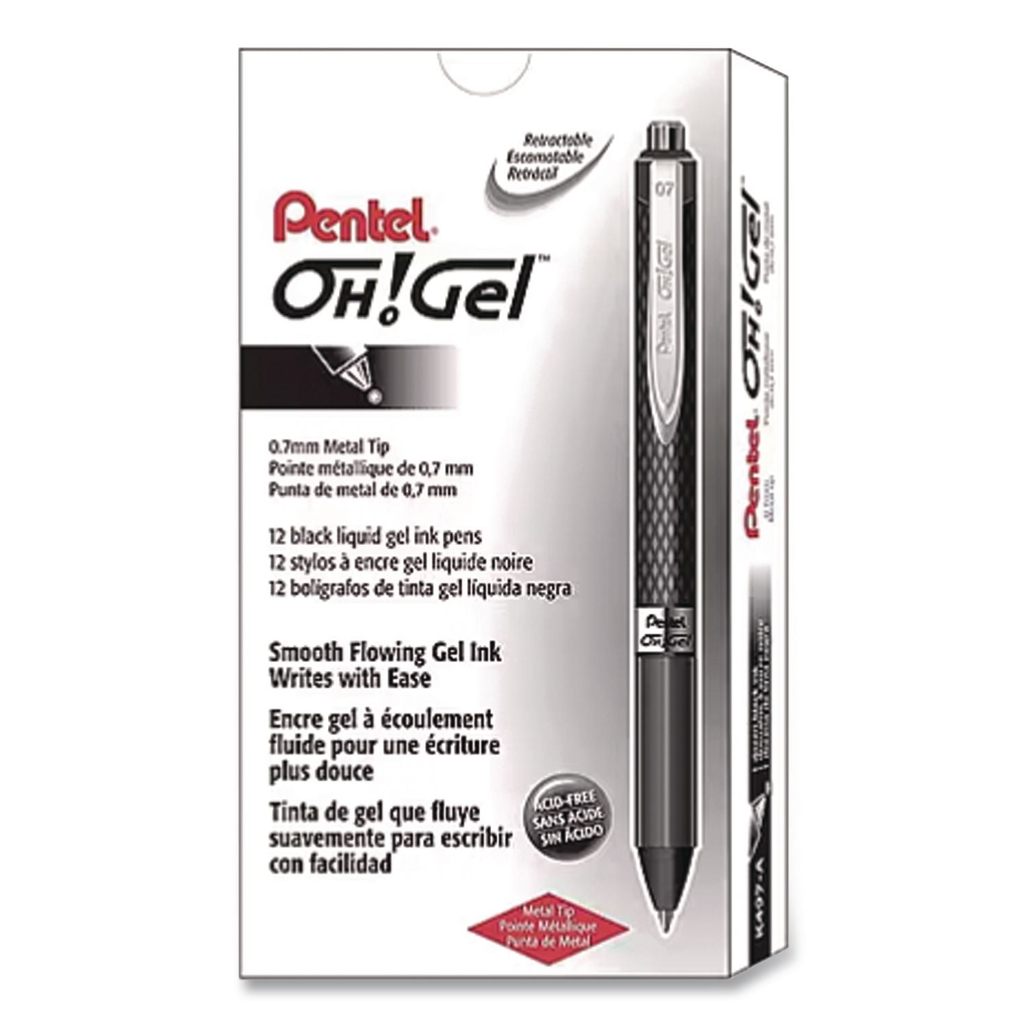 Oh! Gel Pen, Retractable, Medium 0.7 mm, Black Ink, Black Barrel, Dozen