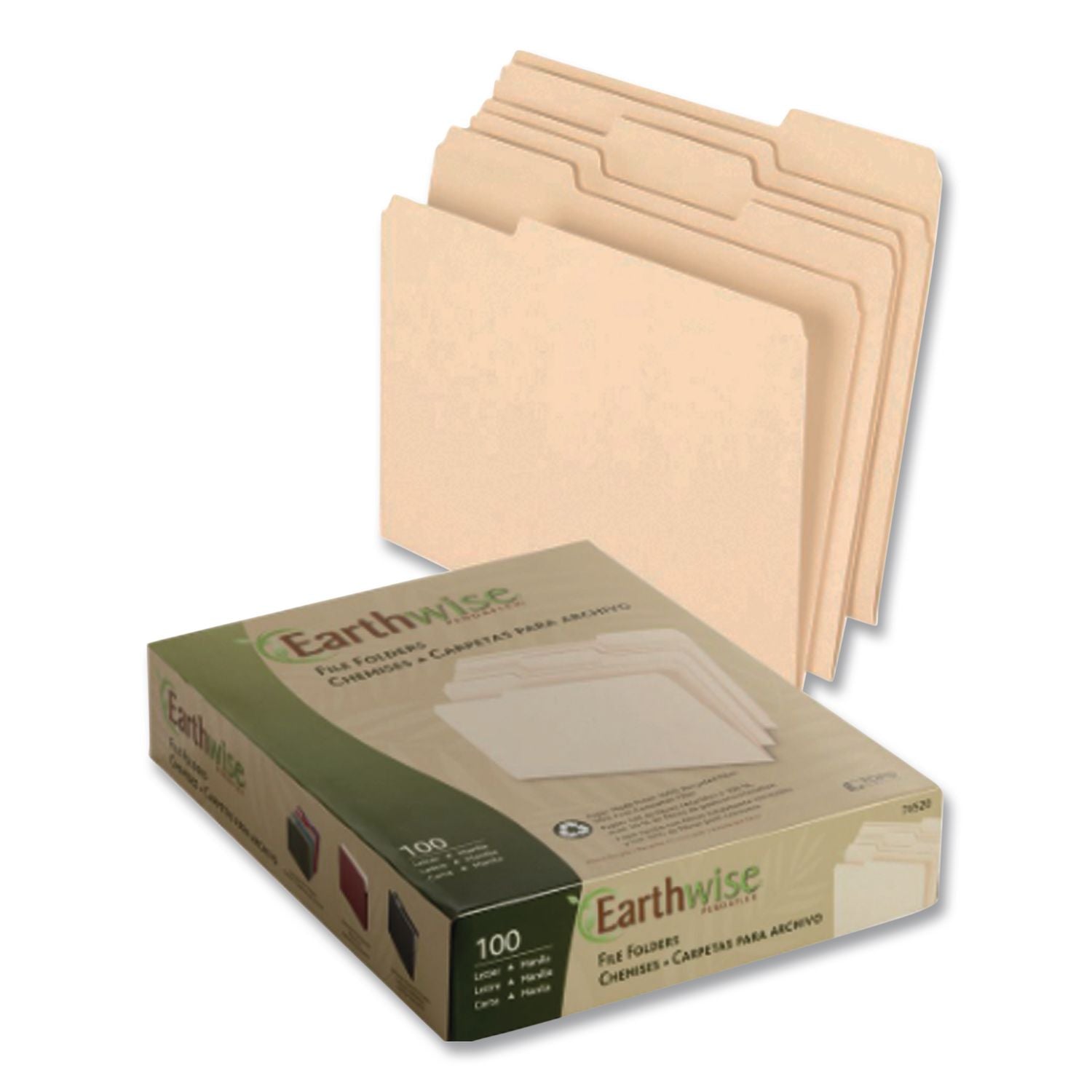Earthwise by Pendaflex 100% Recycled Colored File Folders, 1/3-Cut Tabs: Assorted, Letter, 0.5" Expansion, Brown, 100/Box