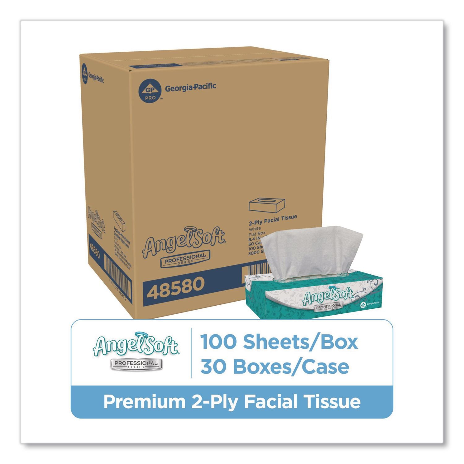 Premium Facial Tissues in Flat Box, 2-Ply, White, 100 Sheets, 30 Boxes/Carton
