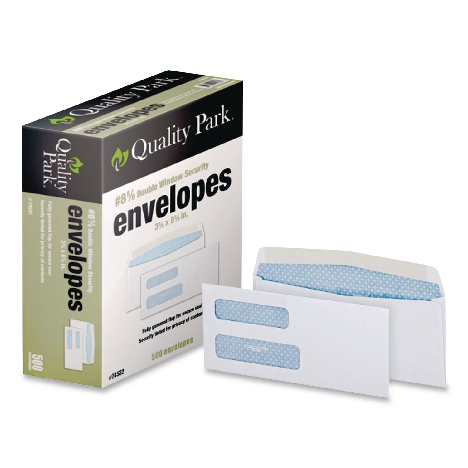 Double Window Security-Tinted Check Envelope, #8 5/8, Commercial Flap, Gummed Closure, 3.63 x 8.63, White, 500/Box