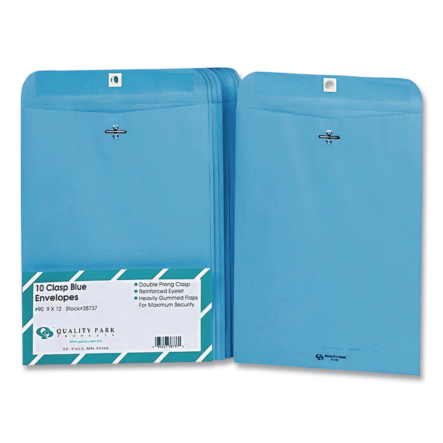 Clasp Envelope, 28 lb Bond Weight Kraft, #90, Square Flap, Clasp/Gummed Closure, 9 x 12, Blue, 10/Pack