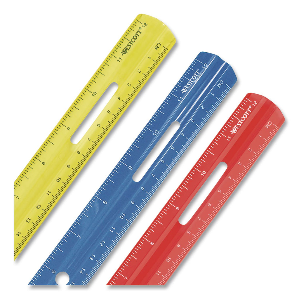 Westcott 12" Plastic Ruler - 12" Length - 1/16 Graduations - Imperial, Metric Measuring System - Plastic - 1 Each - Assorted
