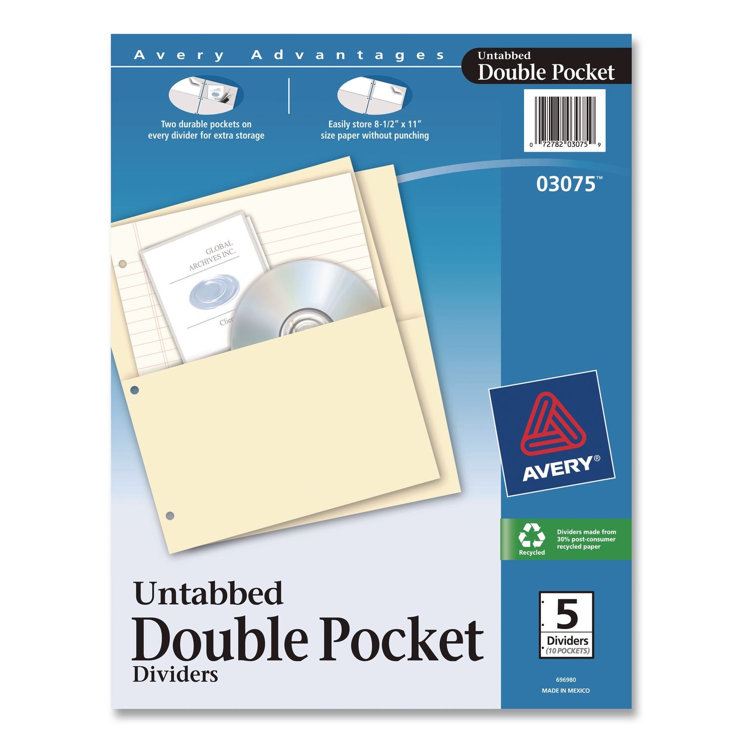 Avery Untabbed Double Pocket Dividers - 11.1" Height x 9.3" Width - 2 x Pockets Capacity - For Letter 8 1/2" x 11" Sheet - Ring Binder - Rectangular - Buff - 5 / Pack