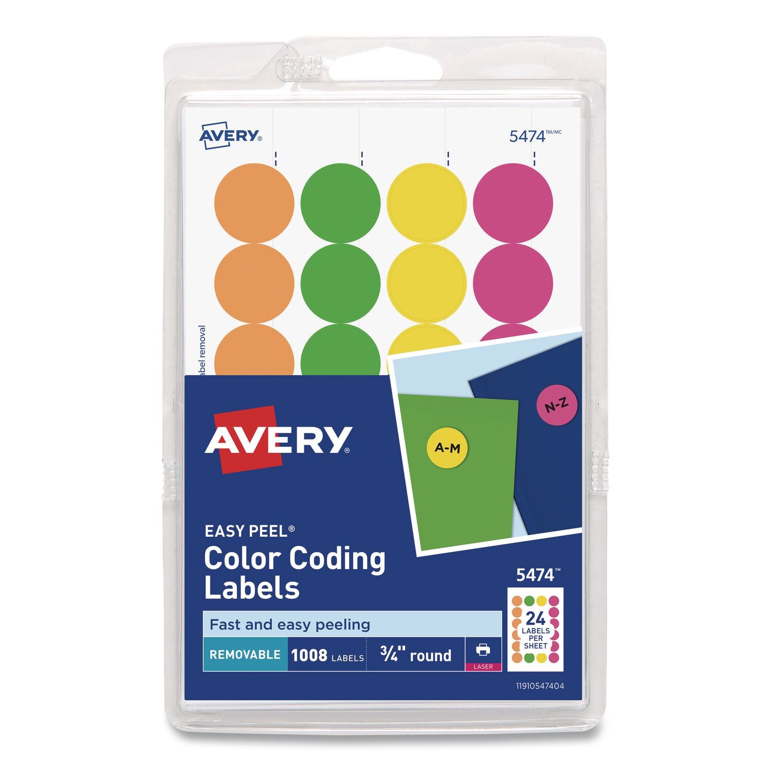 Avery Color Coded Label - - Width3/4" Diameter - Removable Adhesive - Round - Laser - Neon Green, Neon Orange, Neon Red, Neon Yellow - Paper - 24 / Sheet - 42 Total Sheets - 1008 Total Label(s) - 3