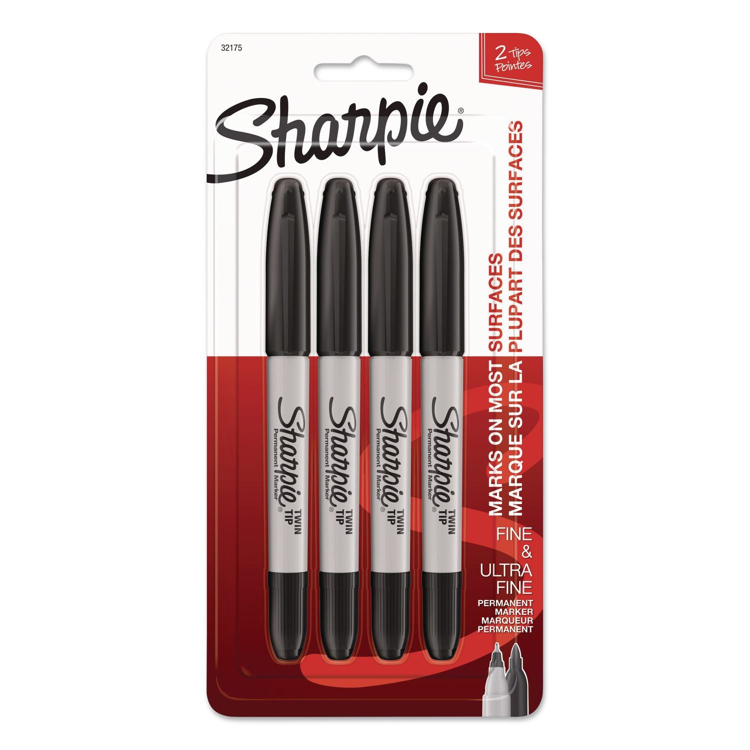 Sharpie Twin Tip Permanent Markers - Fine, Ultra Fine Marker Point - Black Alcohol Based Ink - 4 / Pack