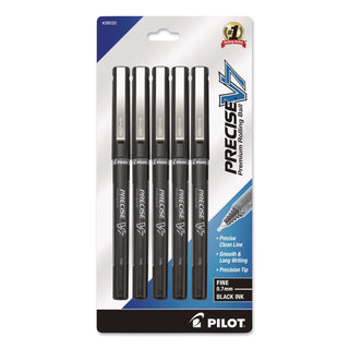 Pilot Precise V7 Fine Premium Capped Rolling Ball Pens - Fine Pen Point - 0.7 mm Pen Point Size - Black - Black Barrel - 5 / Pack
