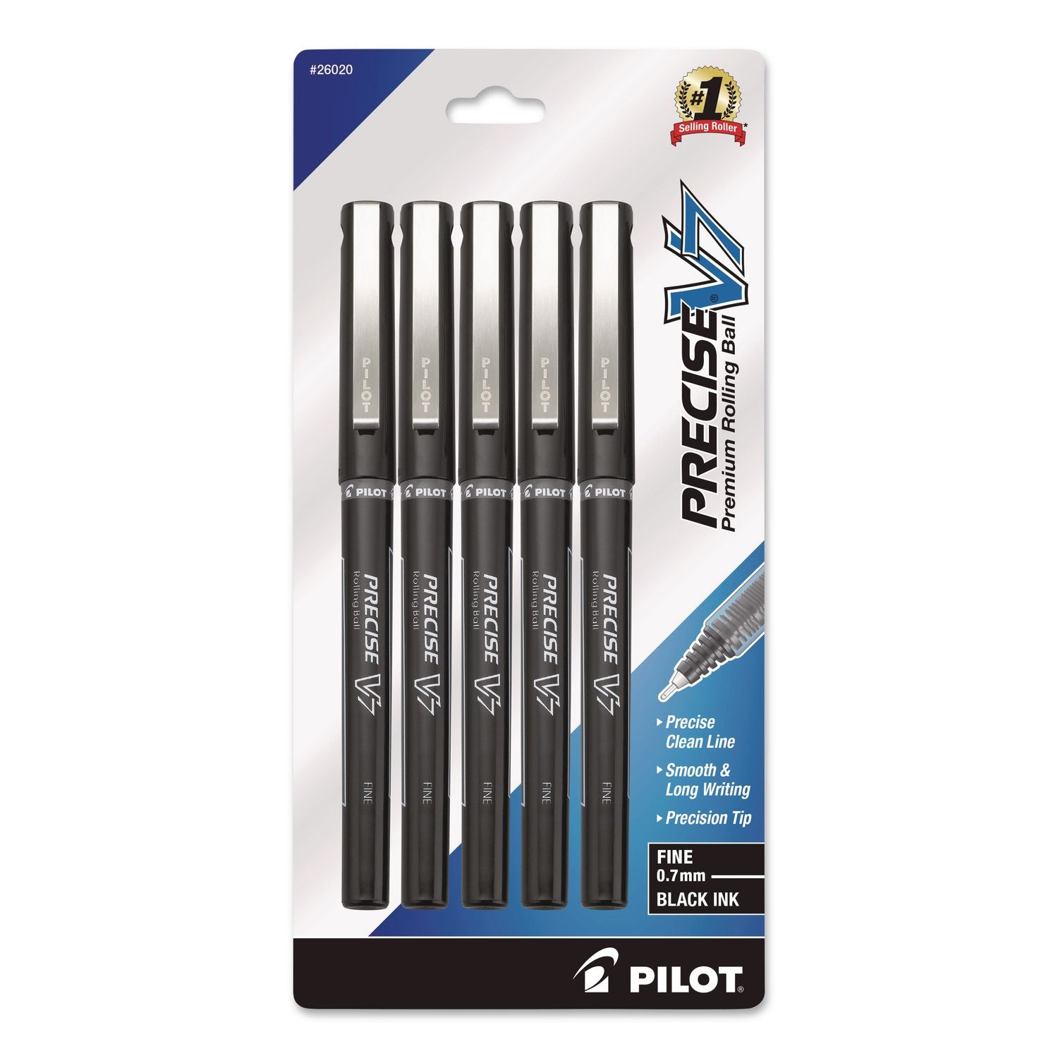 Pilot Precise V7 Fine Premium Capped Rolling Ball Pens - Fine Pen Point - 0.7 mm Pen Point Size - Black - Black Barrel - 5 / Pack
