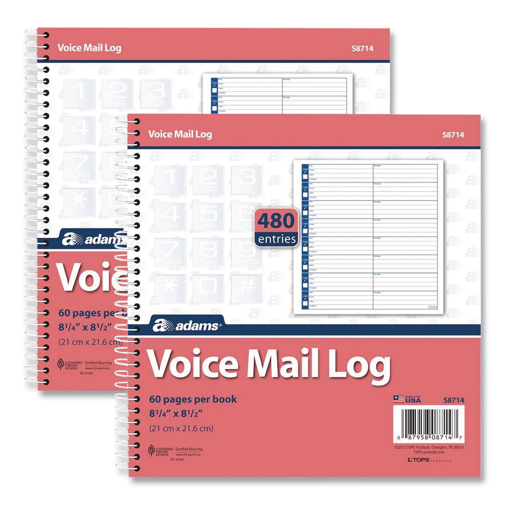 Adams Voice Mail Log Book - 60 Sheet(s) - Spiral Bound - 7.50" x 8.50" Sheet Size - 2 / Pack