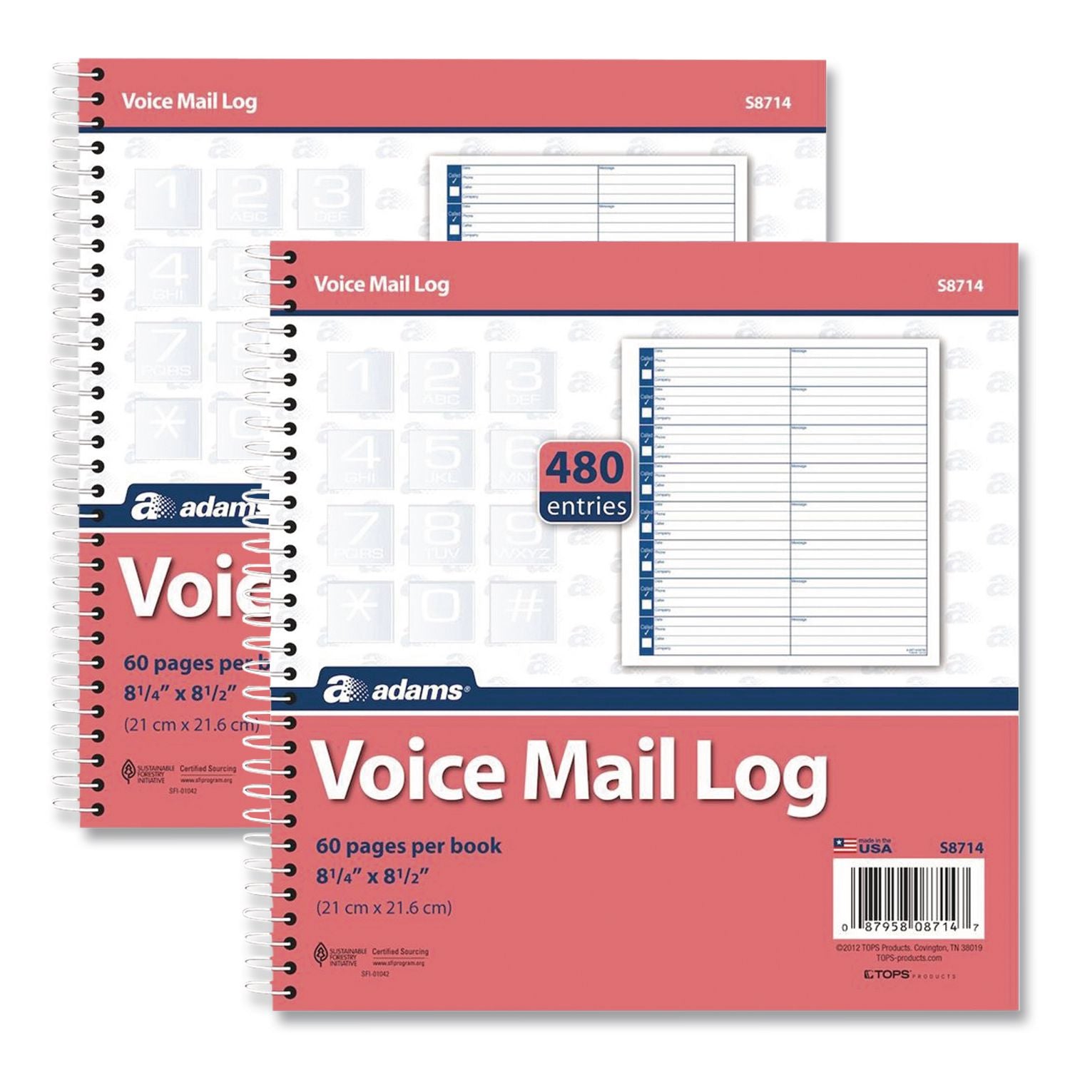 Adams Voice Mail Log Book - 60 Sheet(s) - Spiral Bound - 7.50" x 8.50" Sheet Size - 2 / Pack