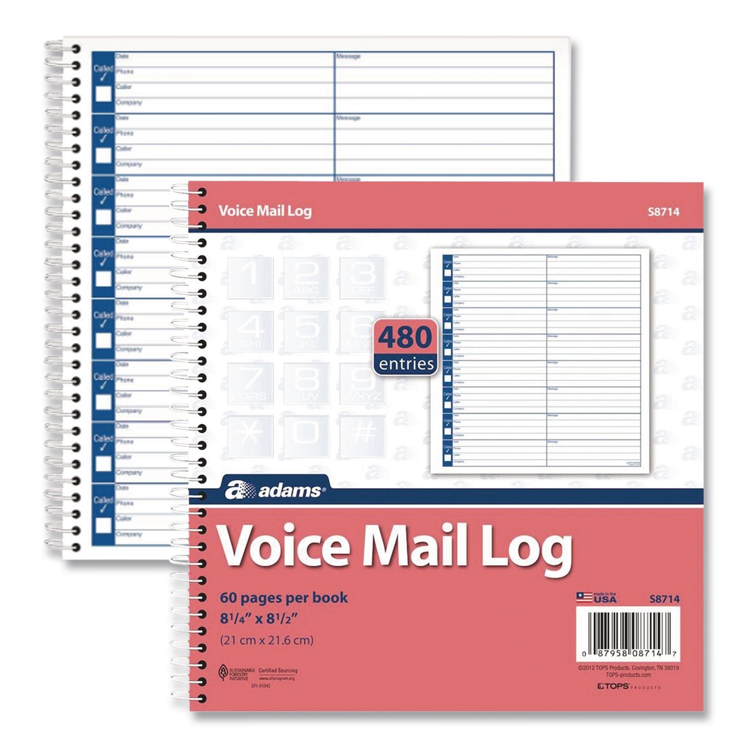 Adams Voice Mail Log Book - 60 Sheet(s) - Spiral Bound - 7.50" x 8.50" Sheet Size - 2 / Pack