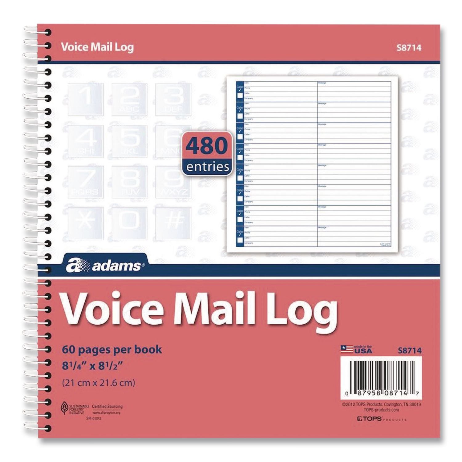Adams Voice Mail Log Book - 60 Sheet(s) - Spiral Bound - 7.50" x 8.50" Sheet Size - 2 / Pack