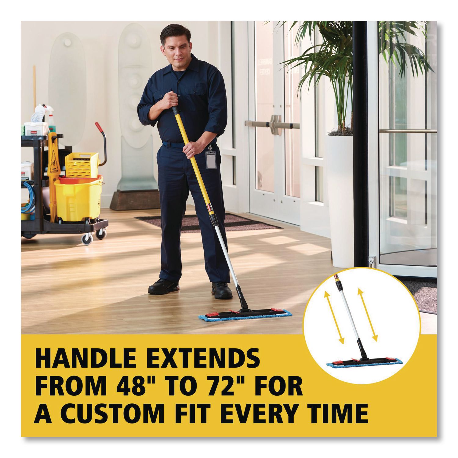 Adaptable Flat Mop Kit, 19.5 x 5.5 Blue Microfiber Head, 48" to 72" Yellow Aluminum Handle