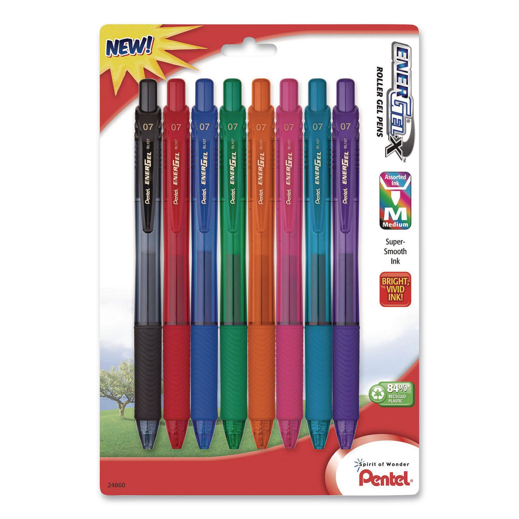 EnerGel EnerGel-X Retractable Gel Pens - Medium Pen Point - 0.7 mm Pen Point Size - Refillable - Retractable - Assorted Gel-based Ink - Assorted Barrel - Metal Tip - 8 / Pack