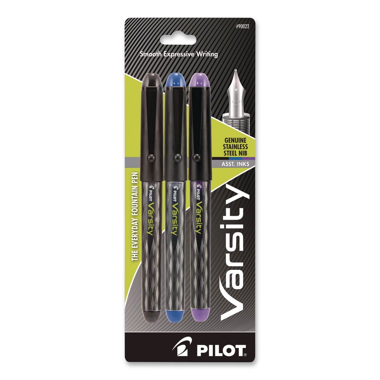Pilot Varsity Disposable Fountain Pens - Medium Pen Point - Black, Blue, Purple - Black Barrel - 3 / Pack