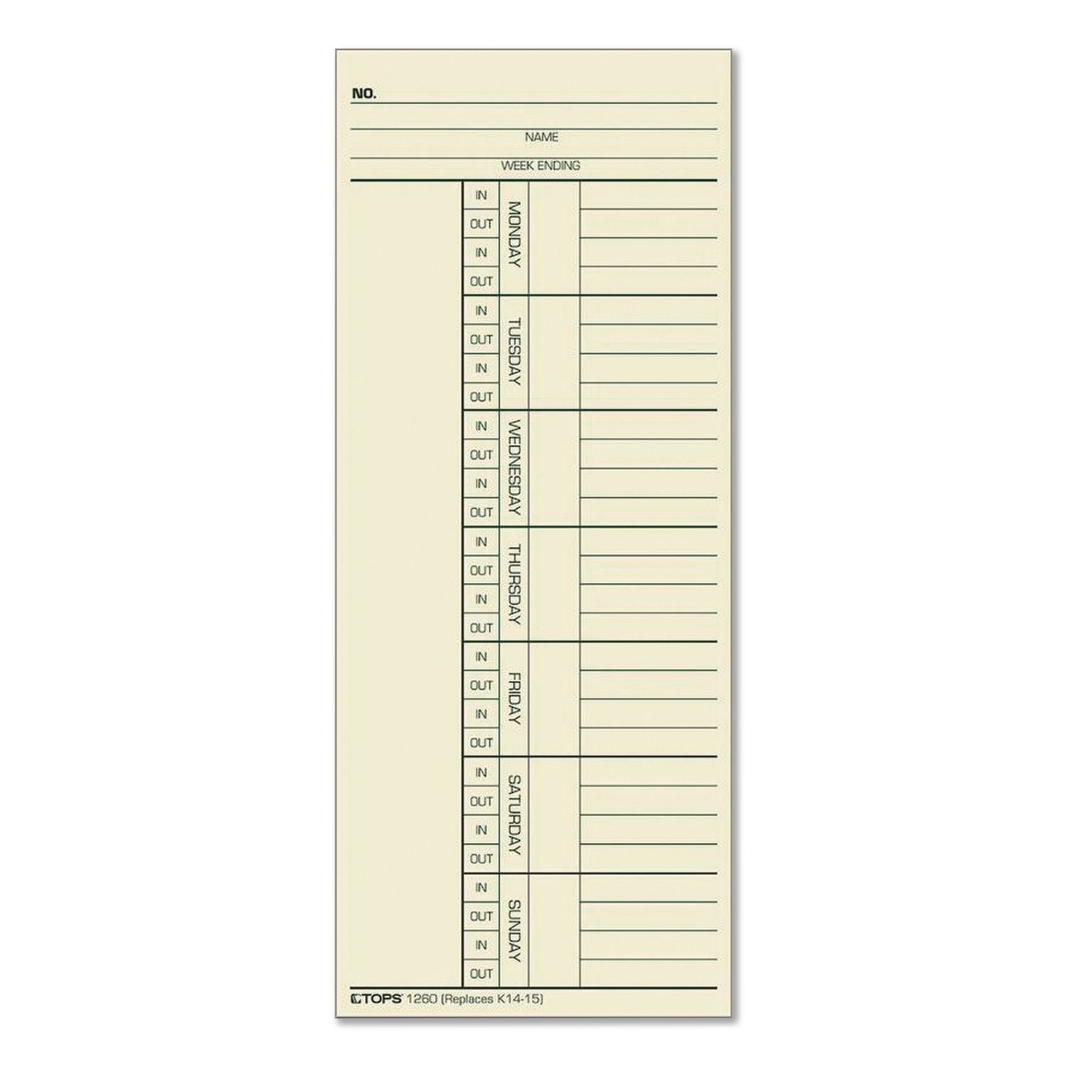 TOPS Named Days/Overtime Time Cards - 3.37" x 8.25" Sheet Size - Yellow - Manila Sheet(s) - Green, Red Print Color - 100 / Pack