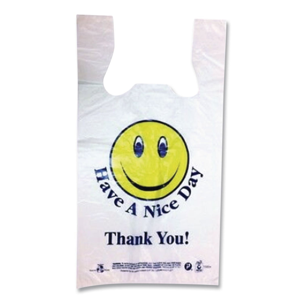 Smiley Face Shopping Bags, 12.5 microns, 11.5" x 21", White, 900/Carton