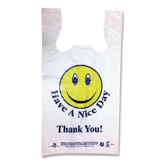 Smiley Face Shopping Bags, 12.5 microns, 11.5" x 21", White, 900/Carton