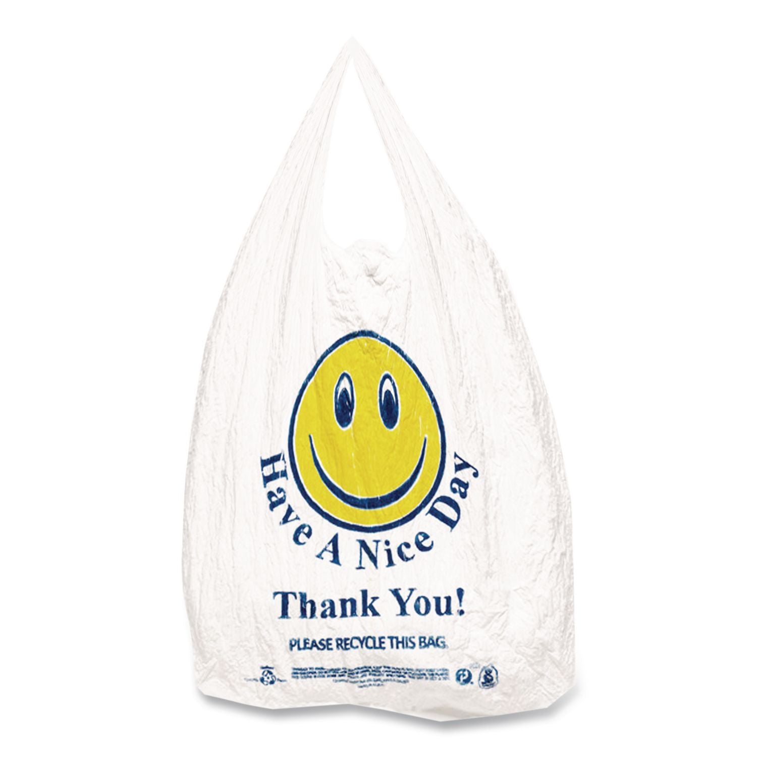 Smiley Face Shopping Bags, 12.5 microns, 11.5" x 21", White, 900/Carton