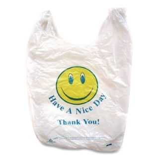 Smiley Face Shopping Bags, 12.5 microns, 11.5" x 21", White, 900/Carton