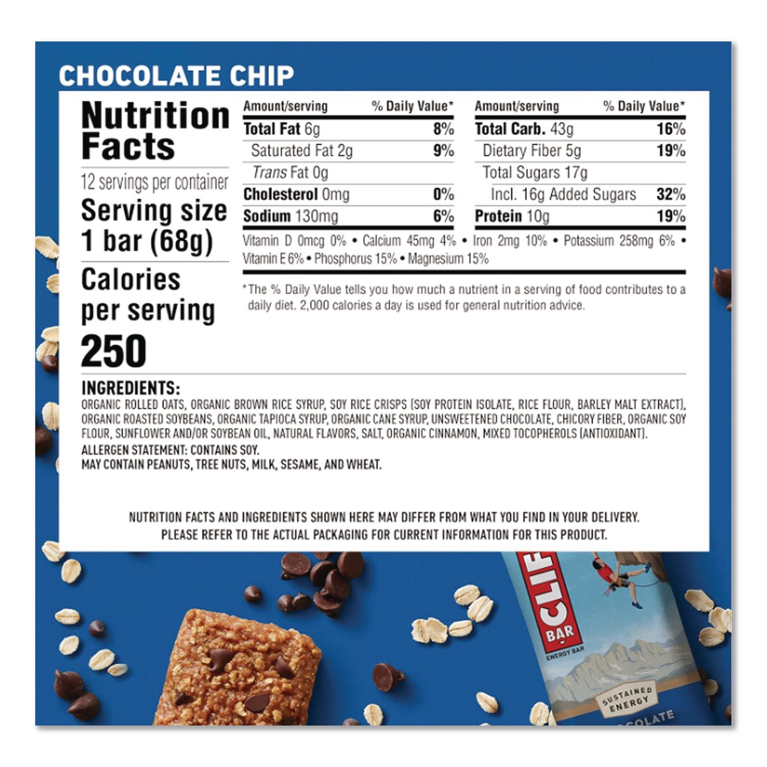 Energy Bar, Chocolate Chip, 2.4 oz, 12/Box