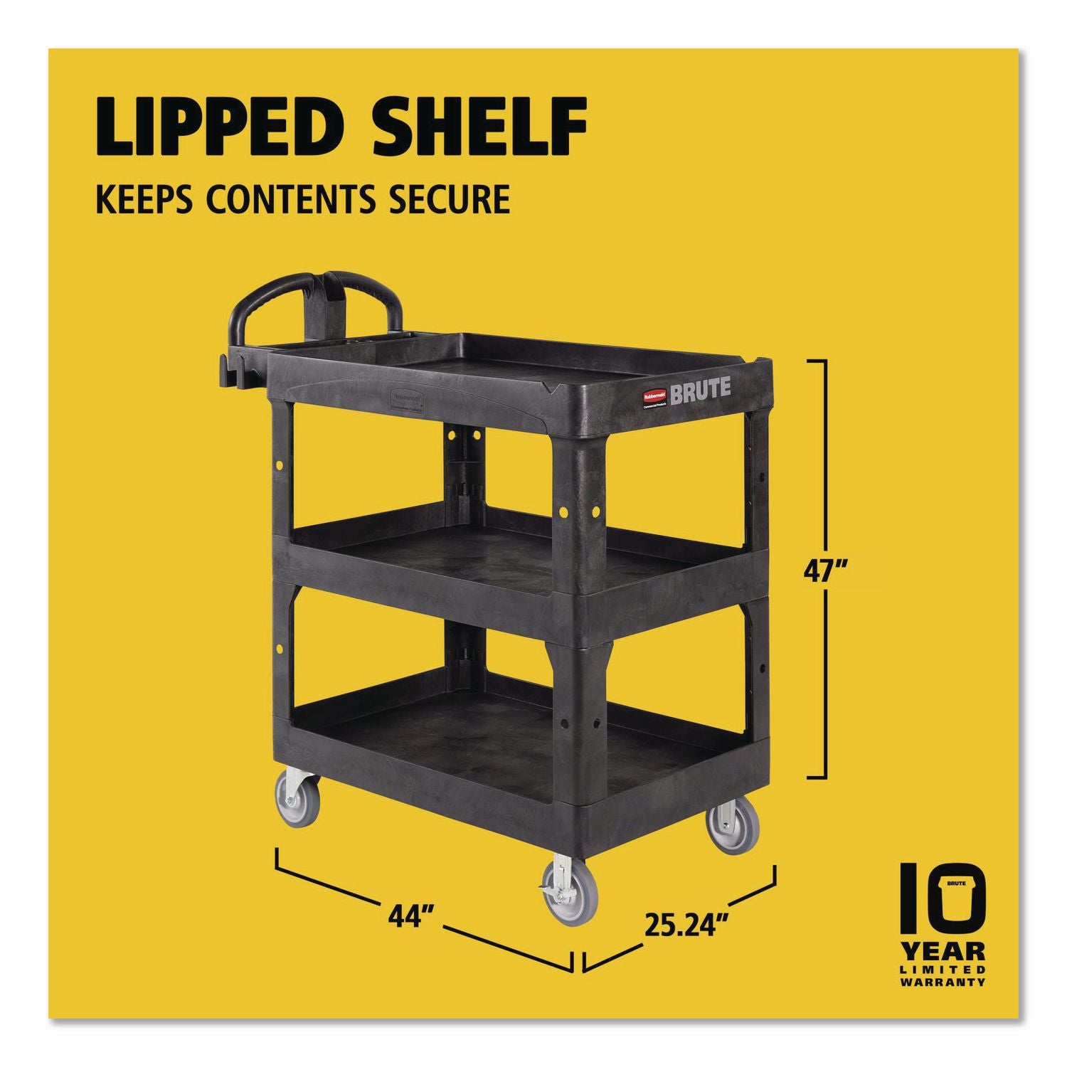 BRUTE 3-Shelf Heavy-Duty Ergo Lipped Utility Cart, Resin, 3 Shelves, 600 lb Capacity, 25.24" x 44" x 47", Black