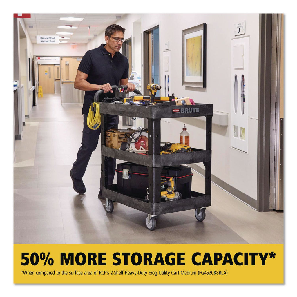 BRUTE 3-Shelf Heavy-Duty Ergo Lipped Utility Cart, Resin, 3 Shelves, 600 lb Capacity, 25.24" x 44" x 47", Black
