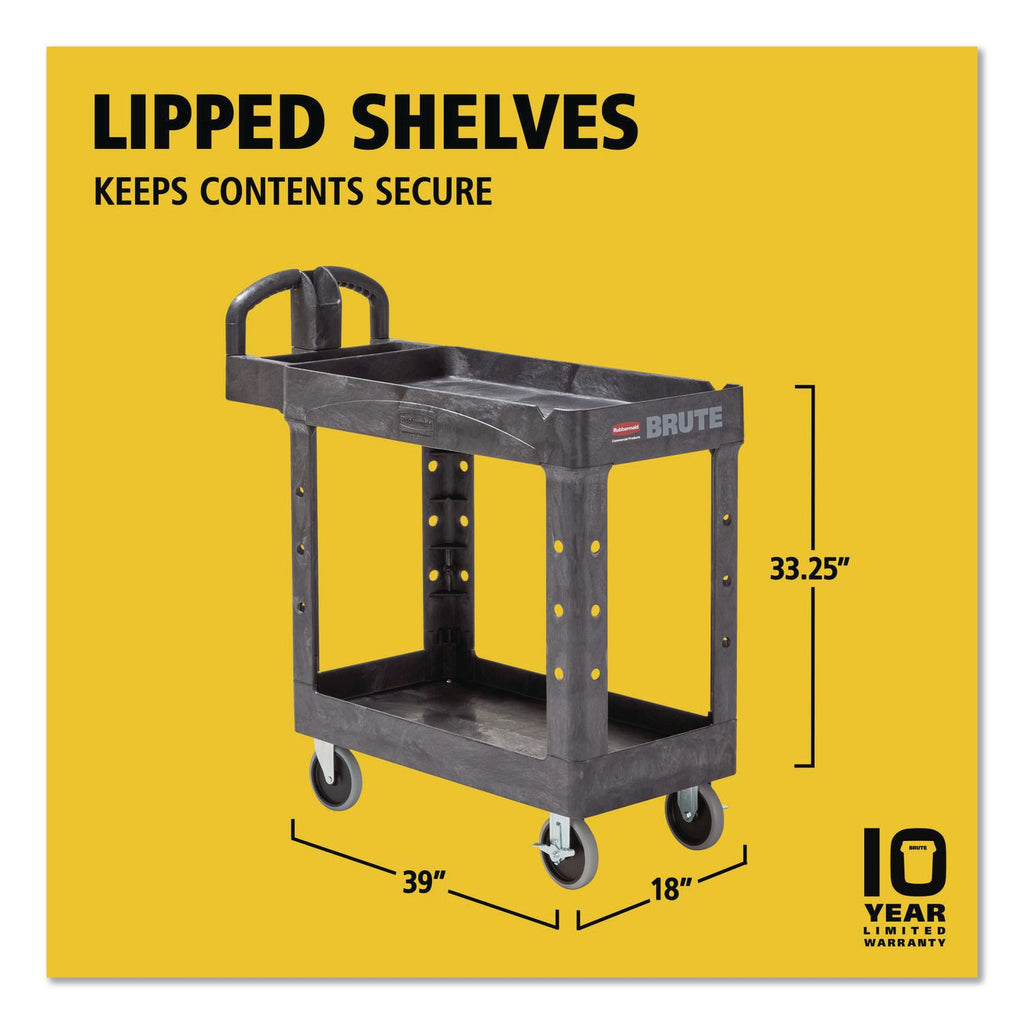 BRUTE Heavy-Duty Utility Cart with Lipped Shelves, Plastic, 2 Shelves, 500 lb Capacity, 17.13" x 38.5" x 38.88", Black