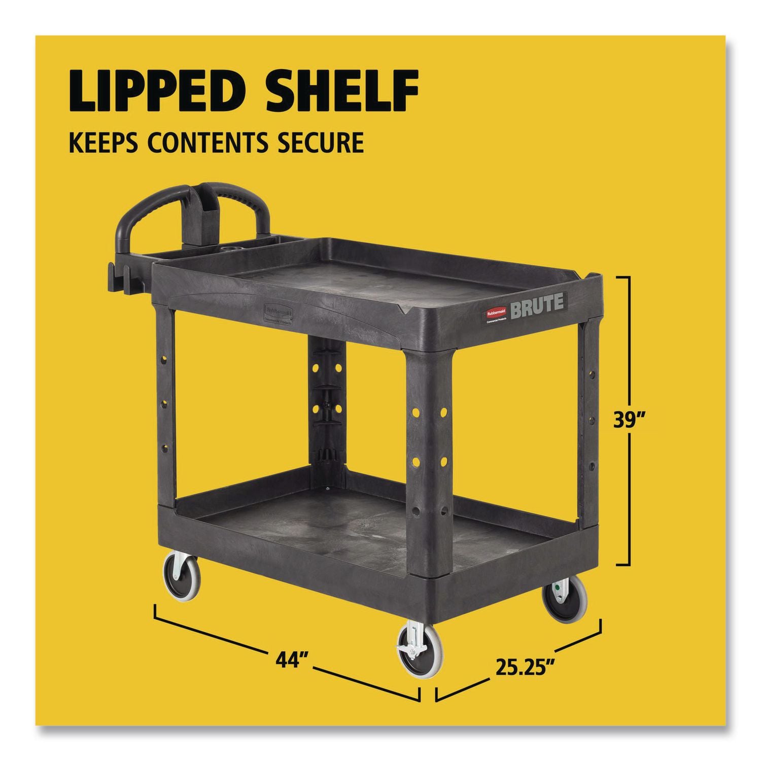 BRUTE Heavy-Duty Utility Cart with Lipped Shelves, Plastic, 2 Shelves, 500 lb Capacity, 25.9" x 45.2" x 32.2", Black