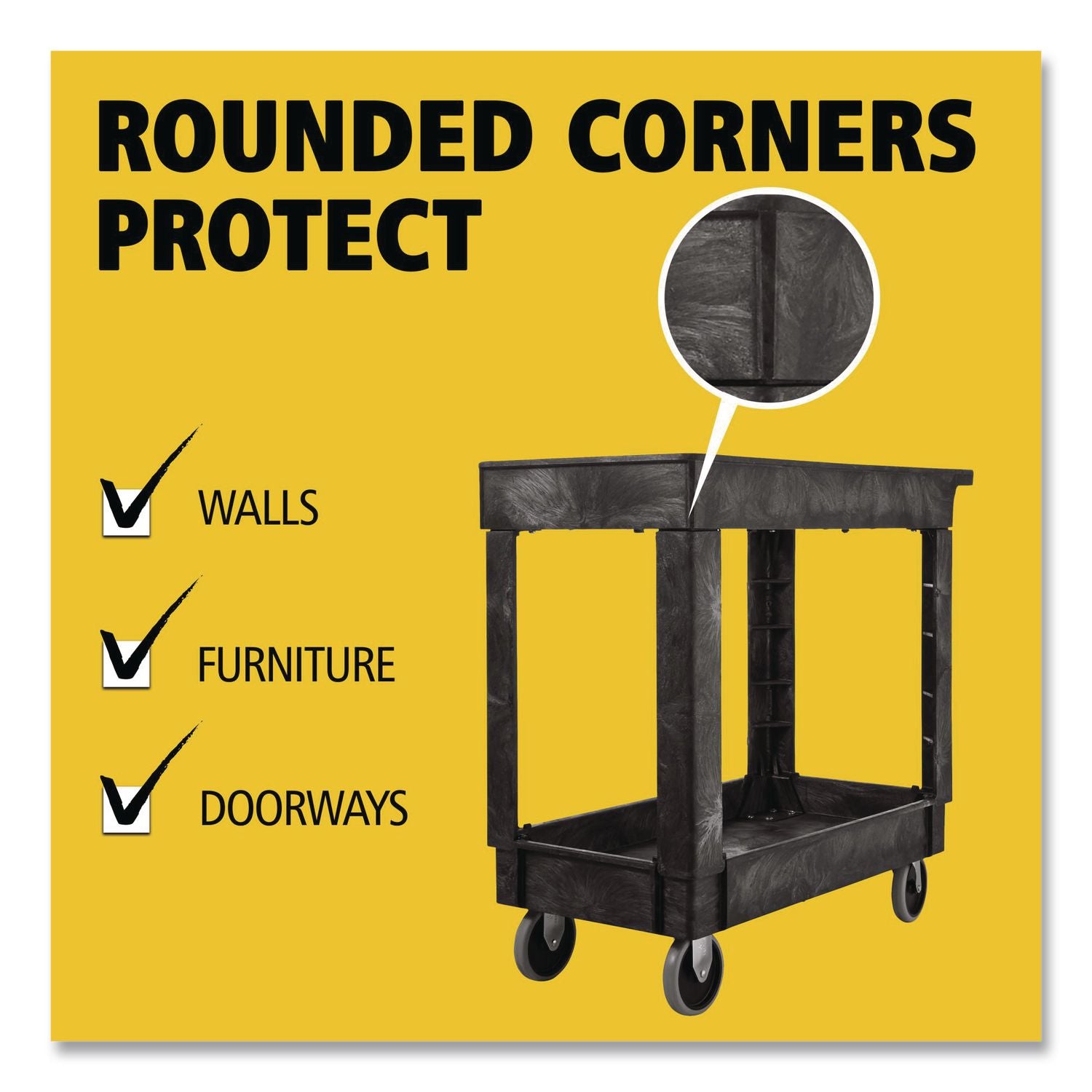 Service/Utility Carts, Plastic, 2 Shelves, 500 lb Capacity, 34.13" x 17.38" x 32.38", Black