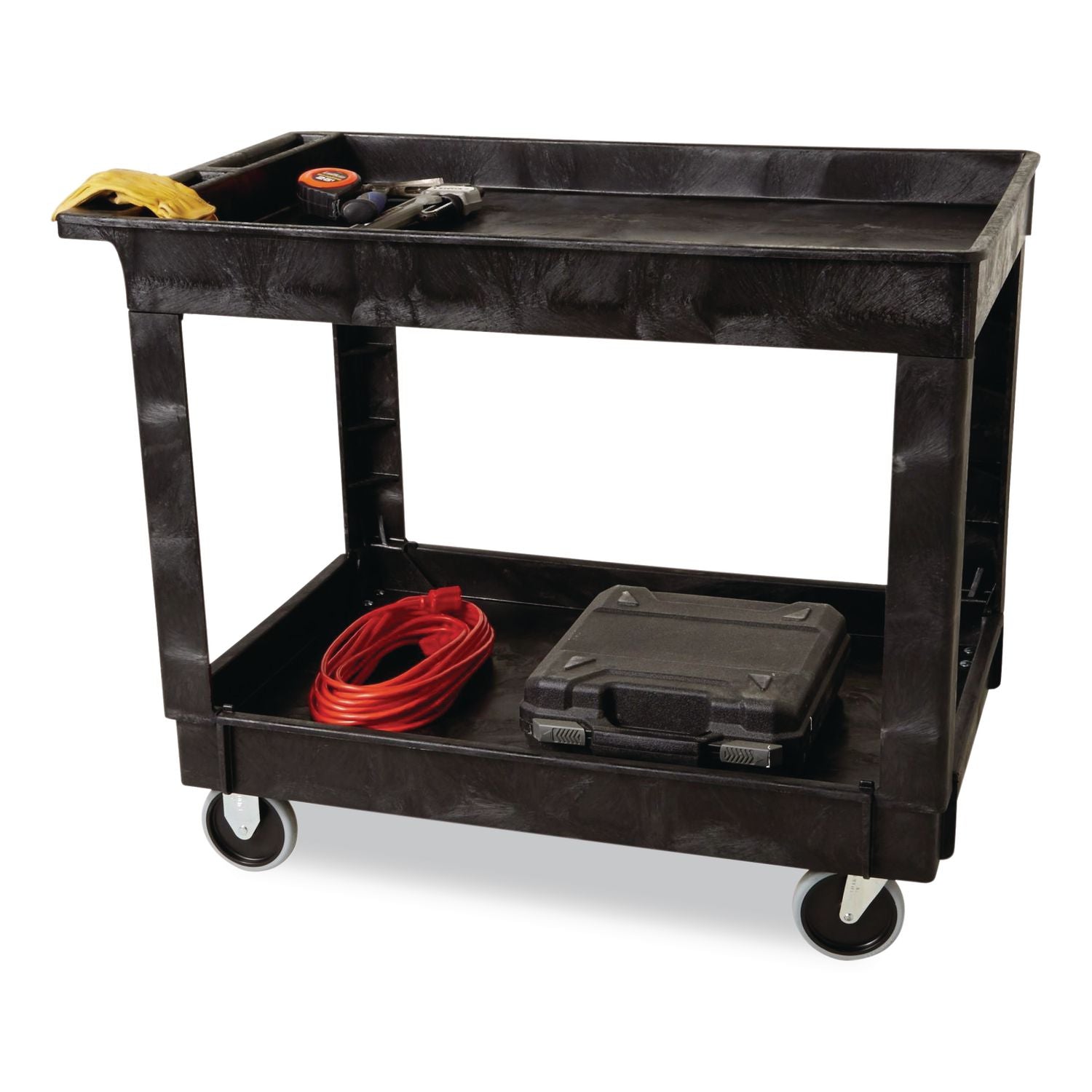 Service/Utility Carts, Plastic, 2 Shelves, 500 lb Capacity, 24" x 40" x 31.25", Black