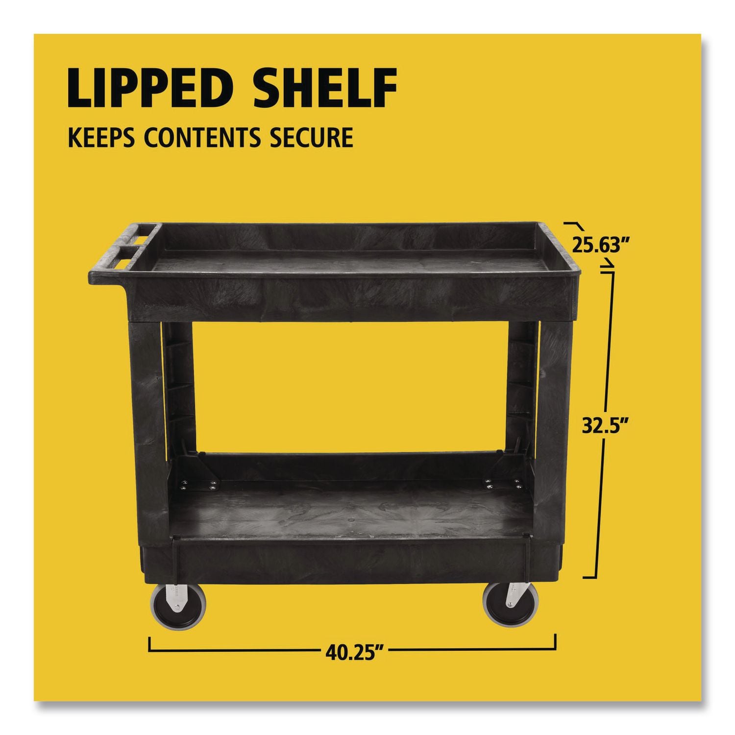 Service/Utility Carts, Plastic, 2 Shelves, 500 lb Capacity, 24" x 40" x 31.25", Black