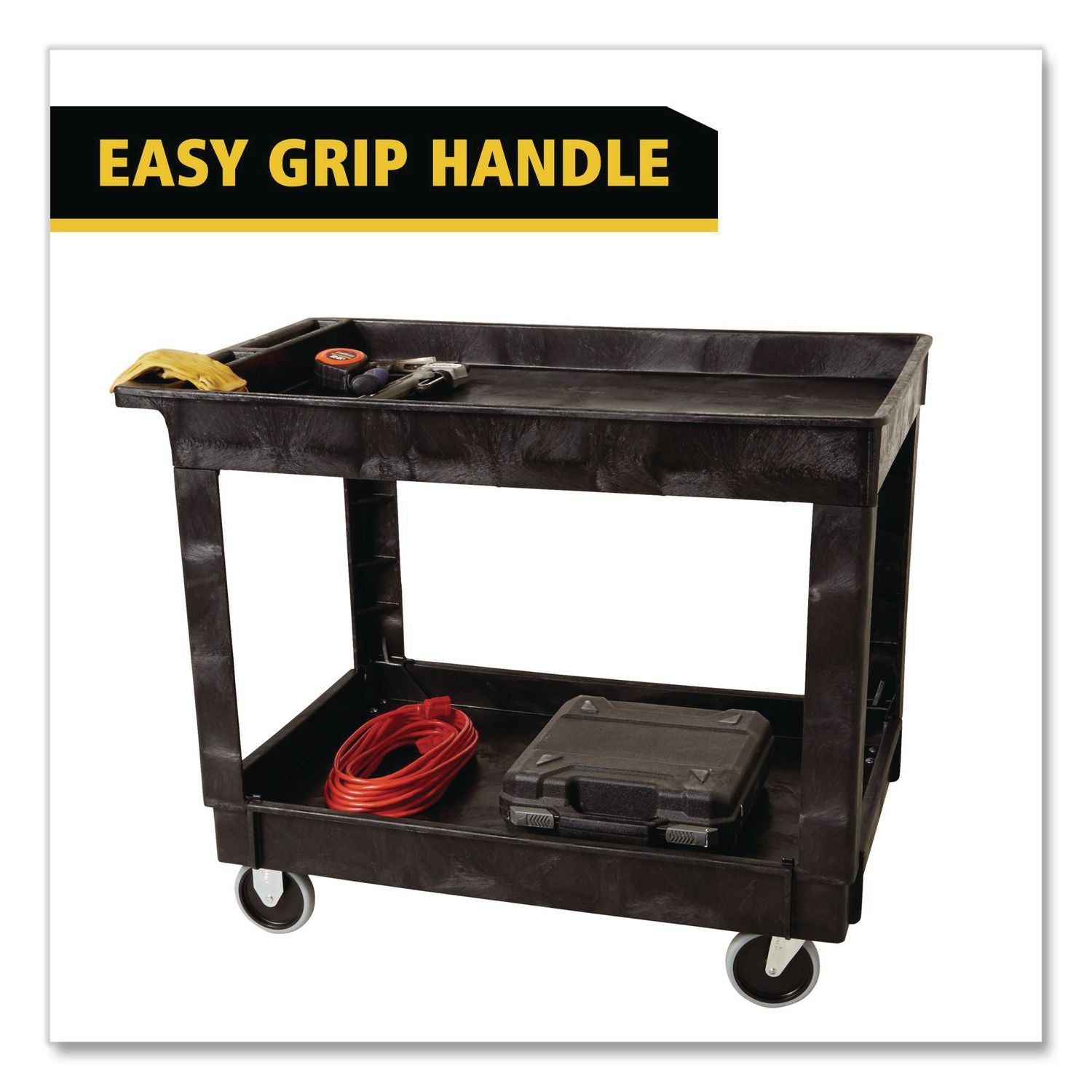 Service/Utility Carts, Plastic, 2 Shelves, 500 lb Capacity, 24" x 40" x 31.25", Black