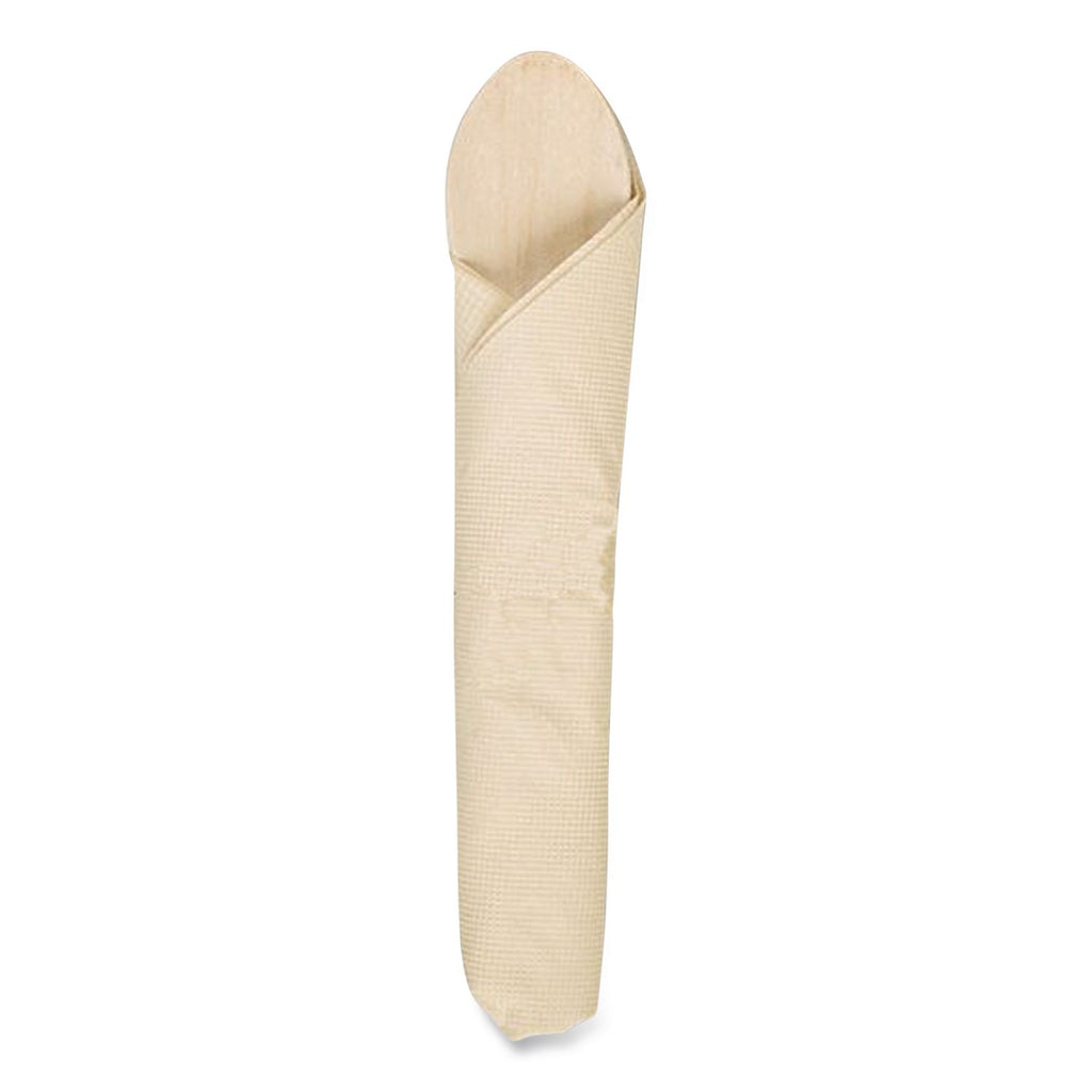 Pre-Rolled Caterwrap Kraft Napkins with Wood Cutlery, 6 x 12 Napkin;Fork;Knife;Spoon, 7" to 9", Kraft, 100/Carton