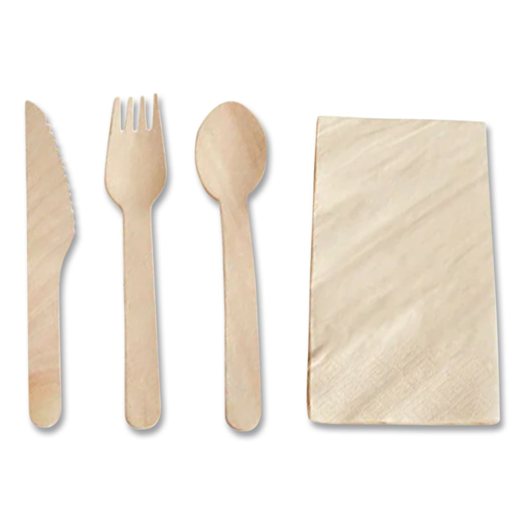 Pre-Rolled Caterwrap Kraft Napkins with Wood Cutlery, 6 x 12 Napkin;Fork;Knife;Spoon, 7" to 9", Kraft, 100/Carton