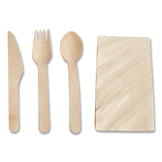Pre-Rolled Caterwrap Kraft Napkins with Wood Cutlery, 6 x 12 Napkin;Fork;Knife;Spoon, 7" to 9", Kraft, 100/Carton