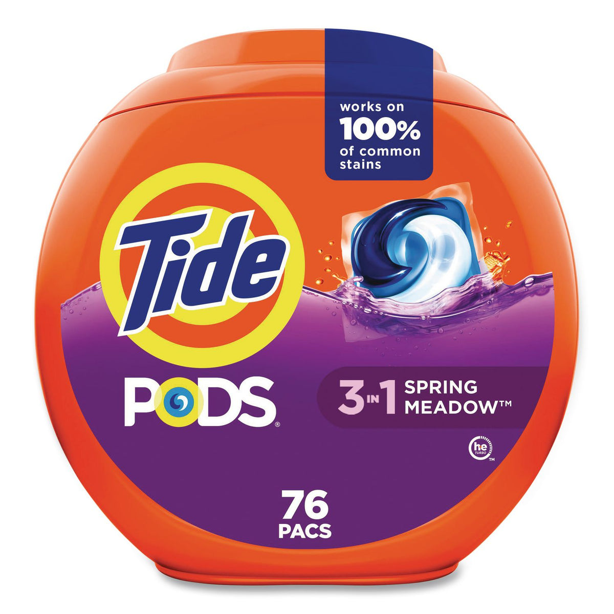 PODS Laundry Detergent, Spring Meadow, 66 oz Tub, 76 Pacs/Tub, 4 Tubs/Carton