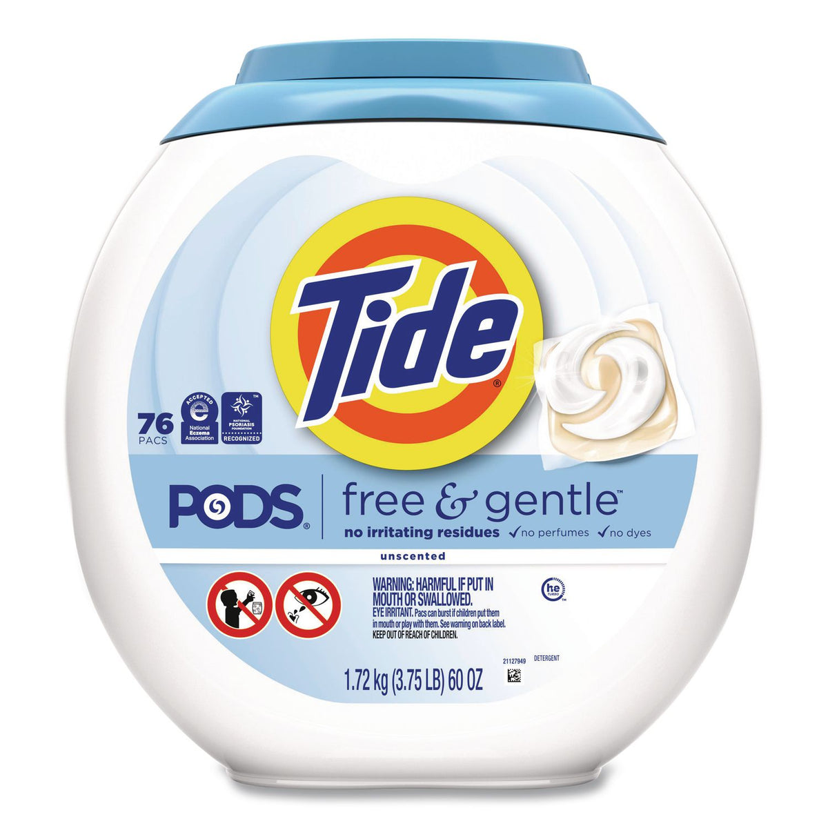 PODS Laundry Detergent, Free and Gentle, 63 oz Tub, 76 Pacs/Tub, 4 Tubs/Carton