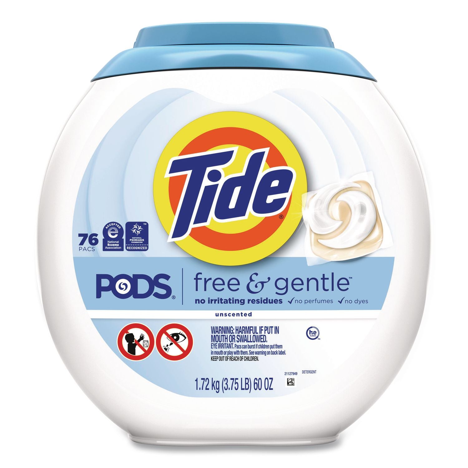 PODS Laundry Detergent, Free and Gentle, 63 oz Tub, 76 Pacs/Tub